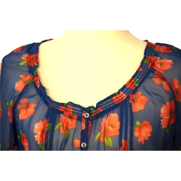 Hollister Sheer Floral Blouse, See Through Top, Button Up, Size Large, Blue with - Picture 2 of 11
